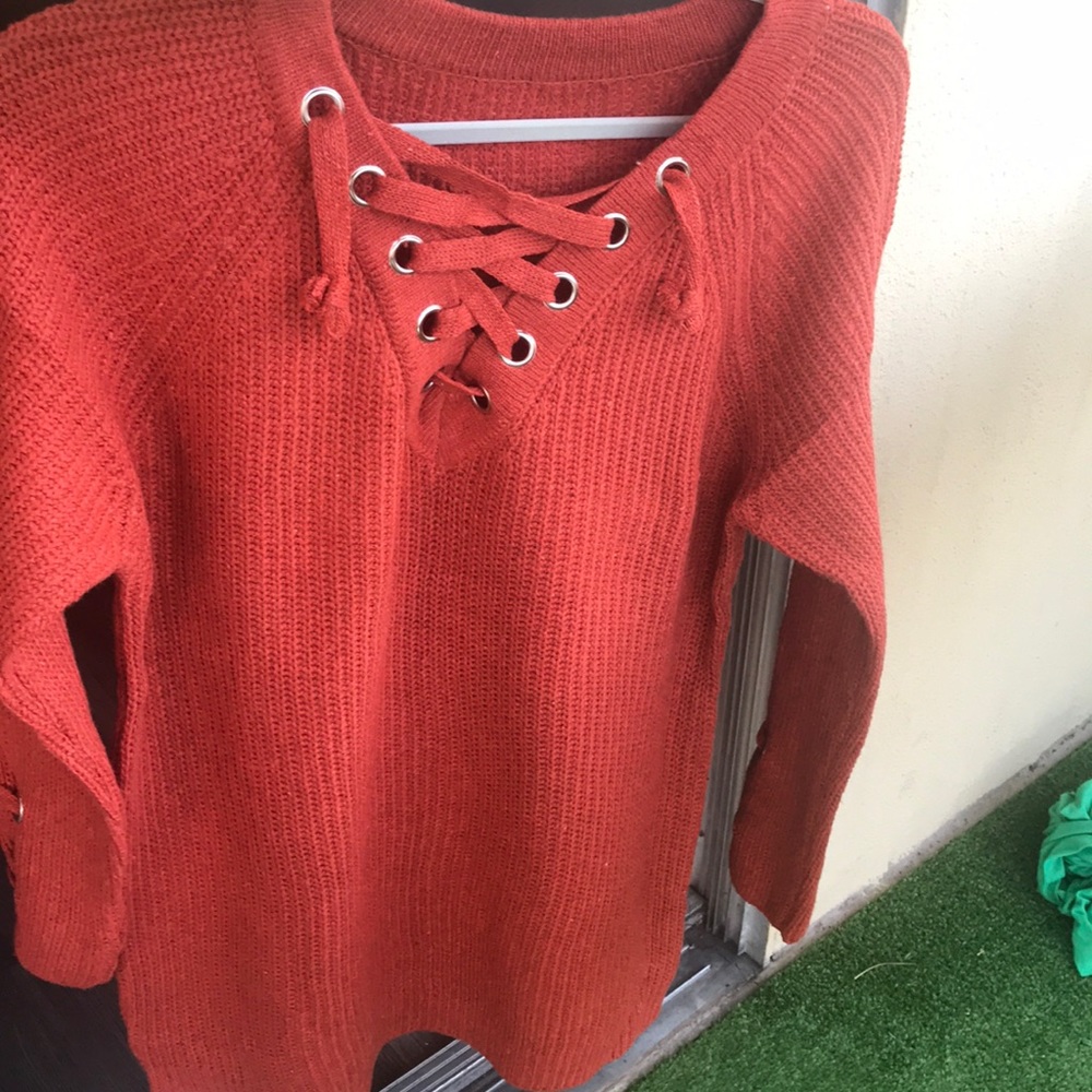 Burnt Red Rib Lace Up V Neck Tweed Knit Sweater - Picture 3 of 8